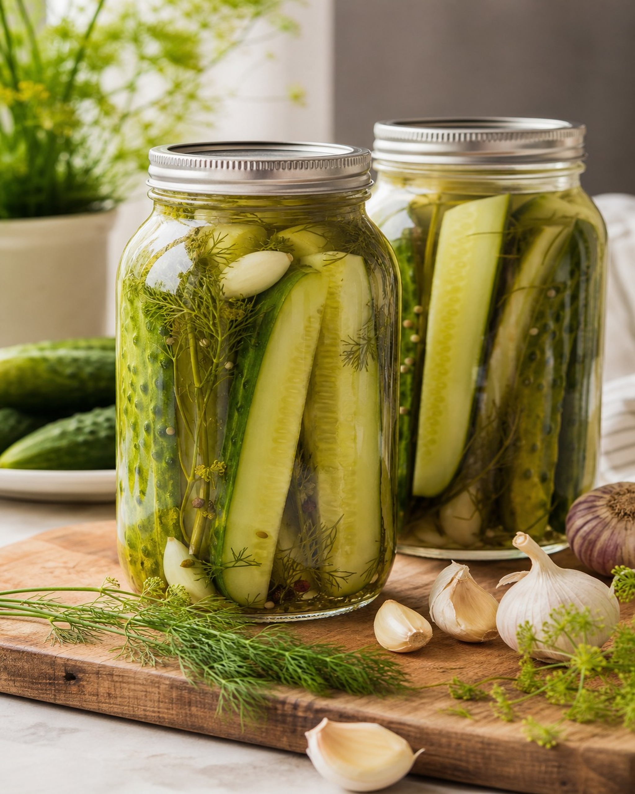 Quart jars of bright garlic dill pickle spears with fresh dill