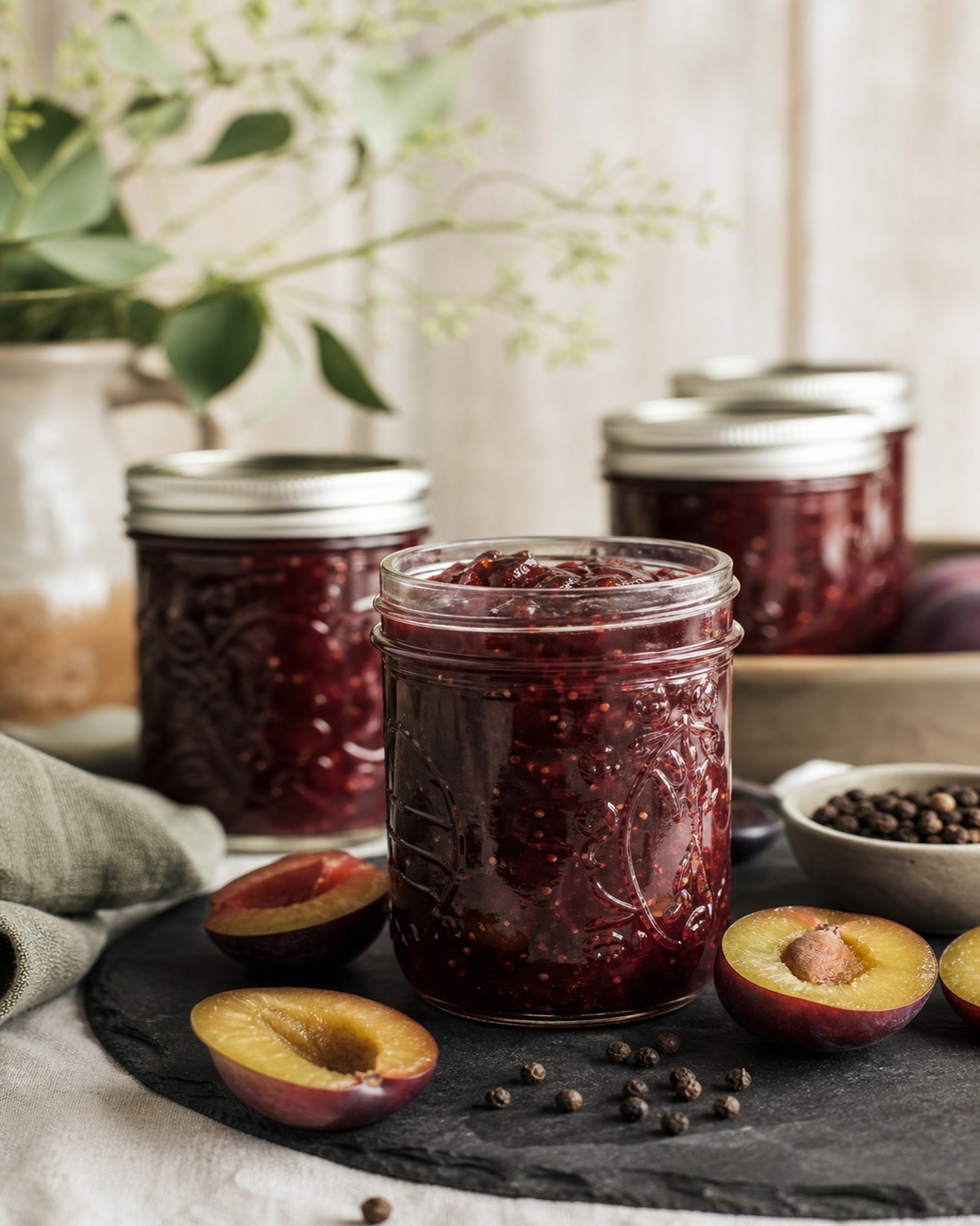 Pint jars of burgundy plum and black pepper chutney