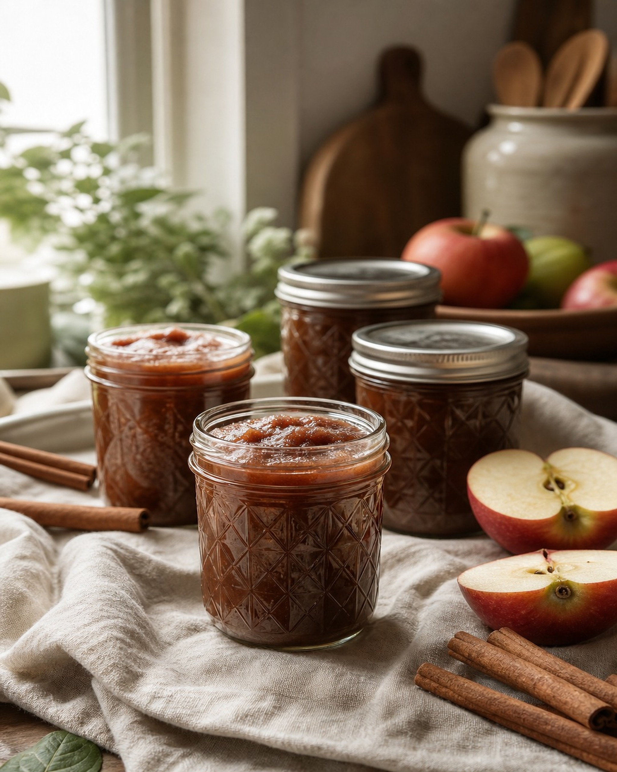 Half-pint jars of deep amber spiced apple butter with cinnamon sticks