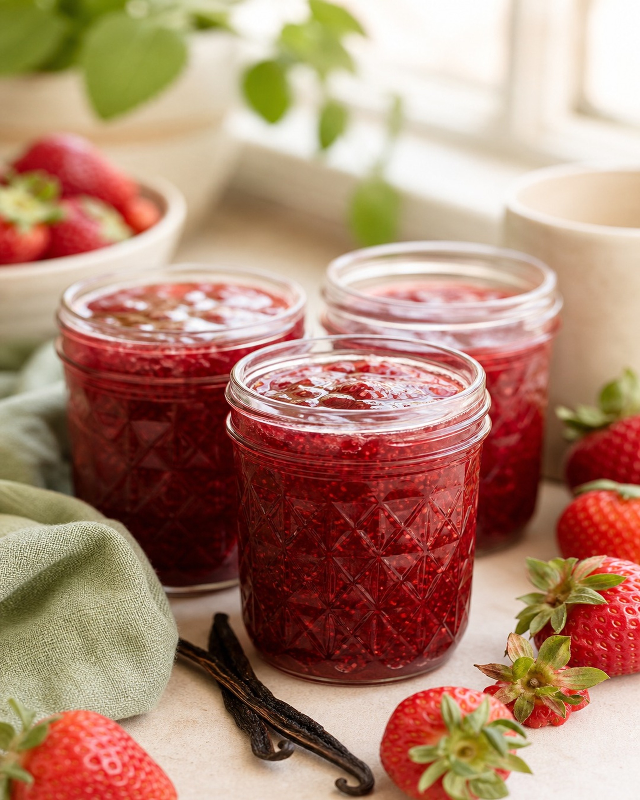 Half-pint mason jars of ruby strawberry vanilla jam with fresh berries